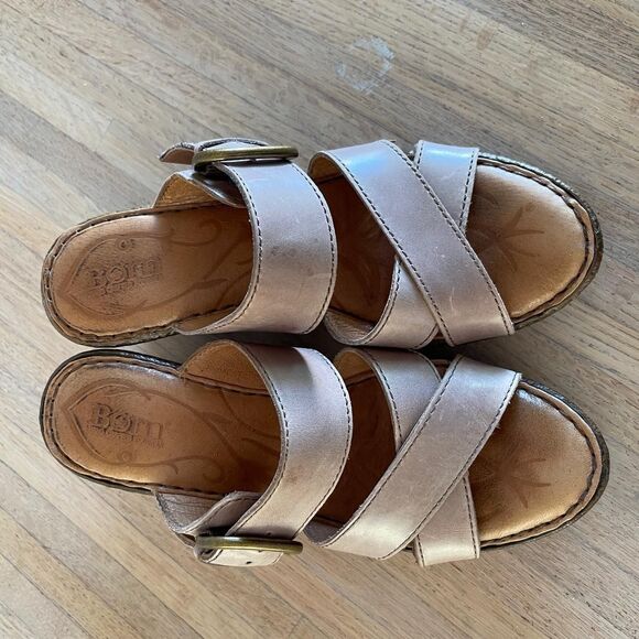 Born Leather Wedge Sandals Taupe Strappy Comfort‎ Shoes Buckle Slip-On Slides 7M - Picture 2 of 7